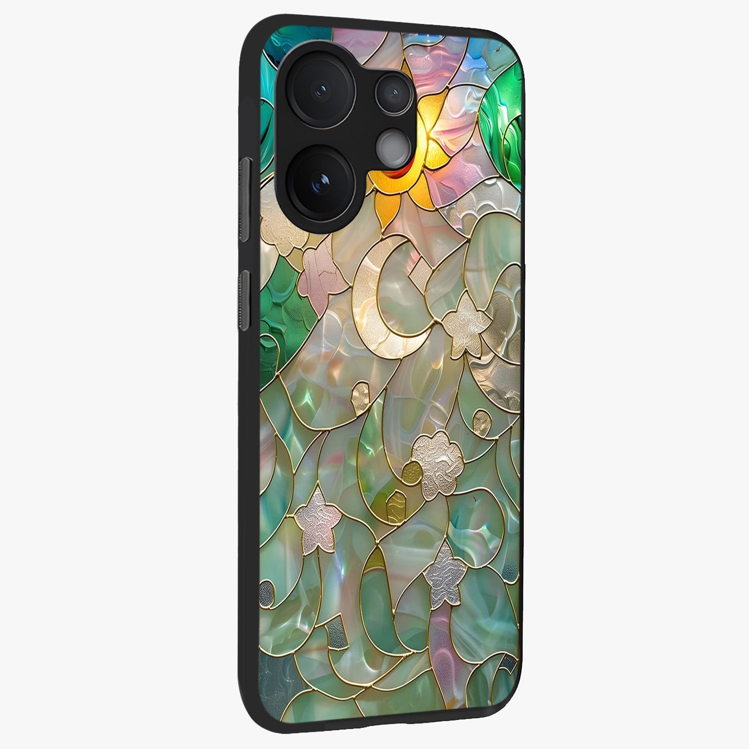 Stained Sunrise Glow Glass Case upright view showcasing colorful sunrise artwork with warm morning theme.