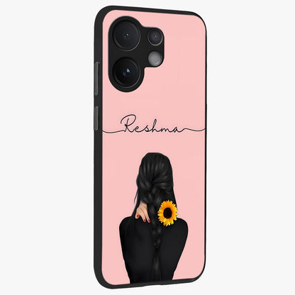 Sunflower Braid Beauty With Custom Name Glass Case upright view showcasing bright sunflower artwork with personalized floral aesthetic.