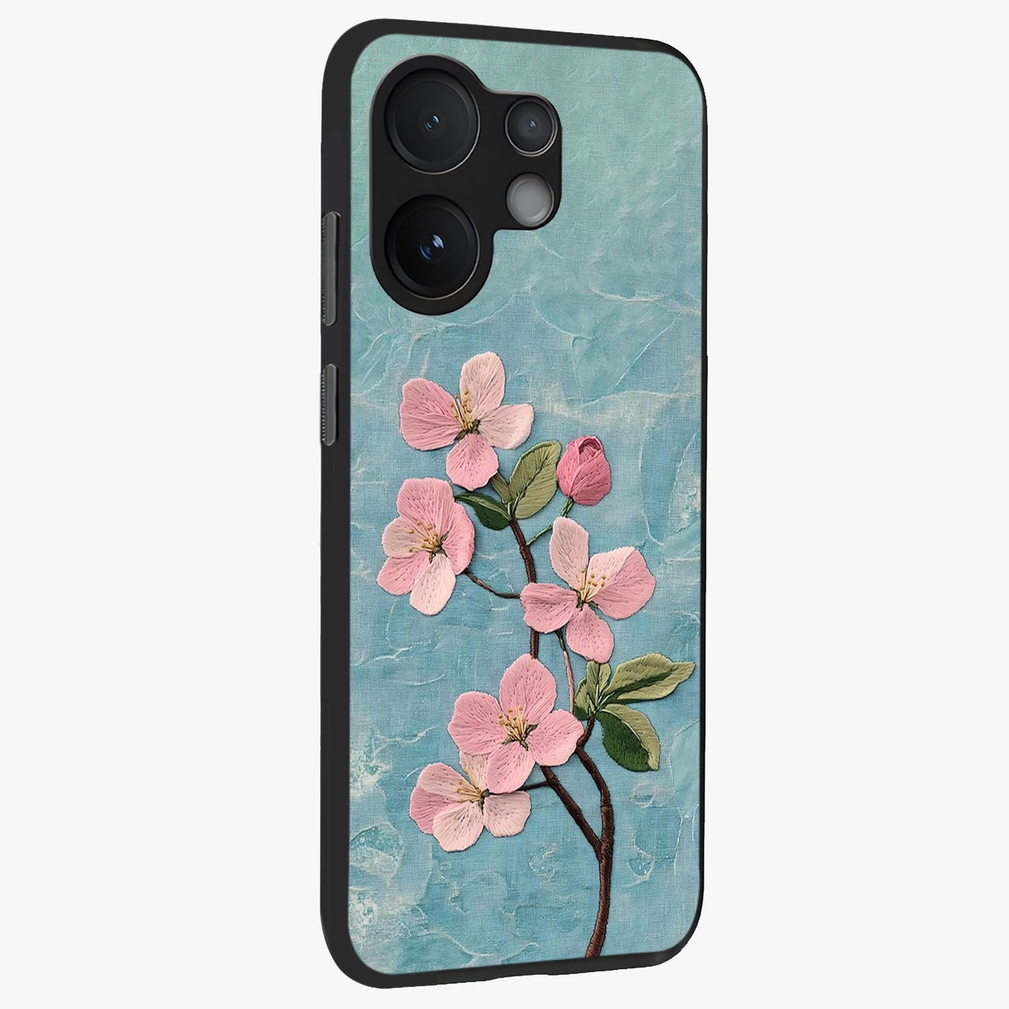 Threaded Blossom Breeze Glass Case upright view showcasing graceful flower artwork with calm botanical theme.