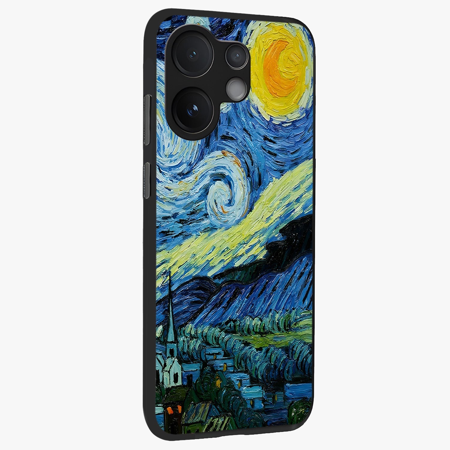 Van Gogh Art Glass Case upright view showcasing expressive painting style artwork with timeless artistic theme.