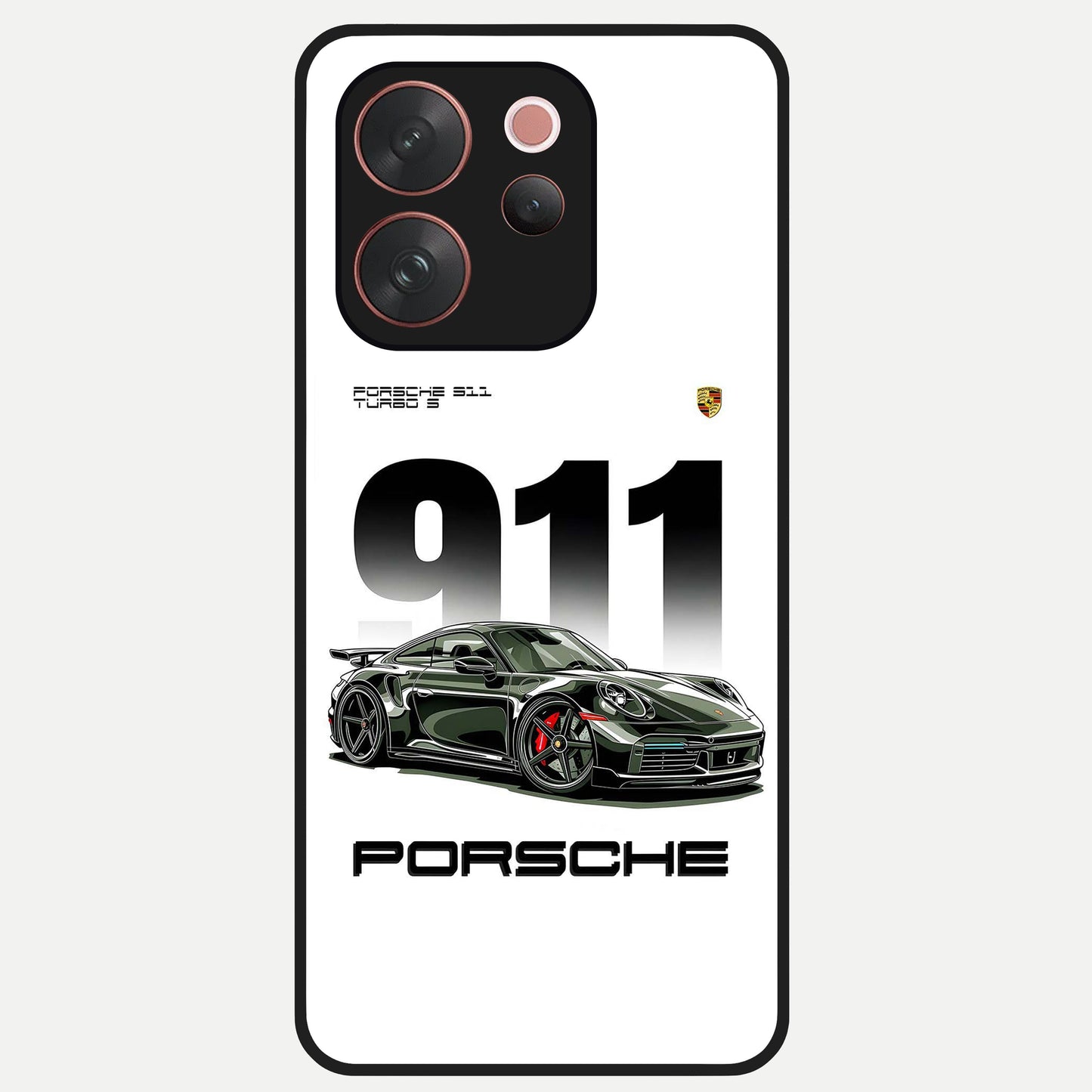 911 Turbo Dominance Glass Case showing clean flat back view with bold 911 sports car artwork and glossy glass finish.