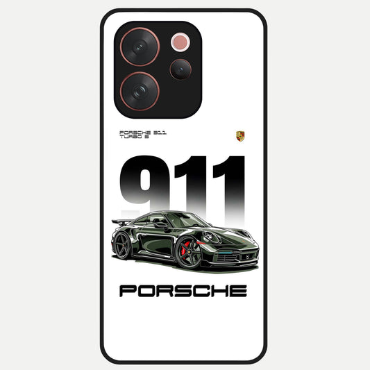 911 Turbo Dominance Glass Case showing clean flat back view with bold 911 sports car artwork and glossy glass finish.