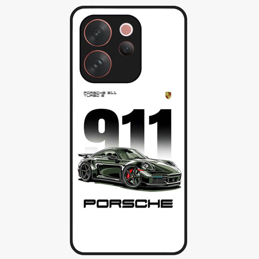 911 Turbo Dominance Glass Case showing clean flat back view with bold 911 sports car artwork and glossy glass finish.