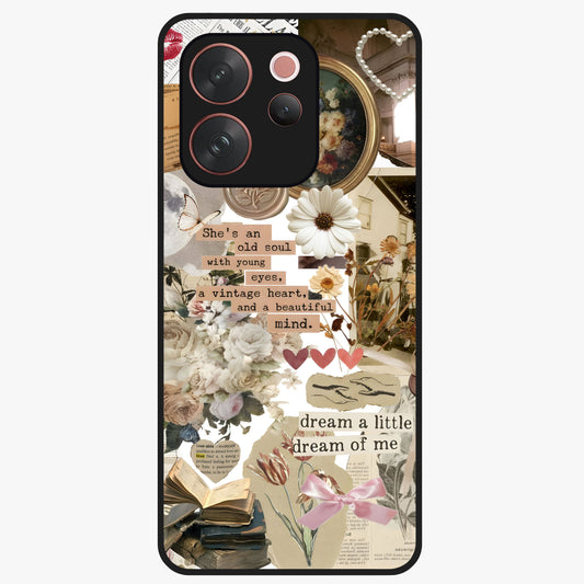 Aesthetic Brown Vintage Collage Glass Case showing flat back view with retro collage artwork and glossy glass finish.