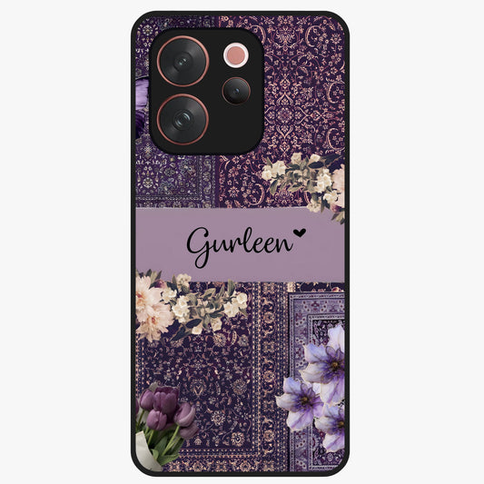 Antique Floral Whisper Custom Name Glass Case showing flat back view with vintage floral artwork and personalized name design.