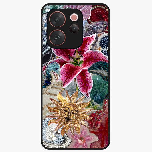 Beaded Garden Fantasy Glass Case showing flat back view with dreamy garden bead artwork and glossy glass finish.