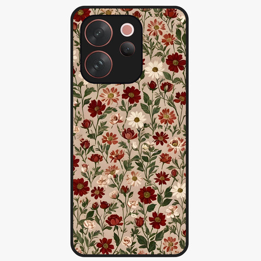 Biege Flower With Leaf Glass Case showing flat back view with soft beige floral artwork and glossy glass finish.
