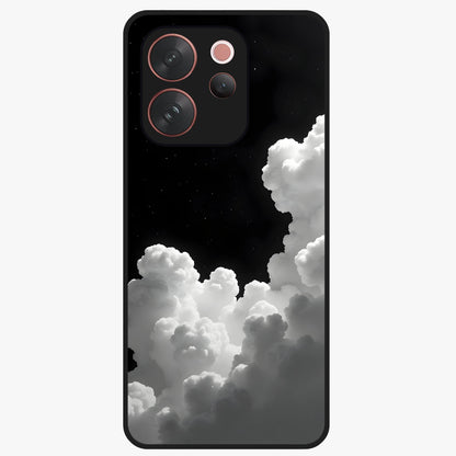 Black Background With White Cloud Glass Case showing flat back view with minimal cloud artwork on dark background and glossy glass finish.