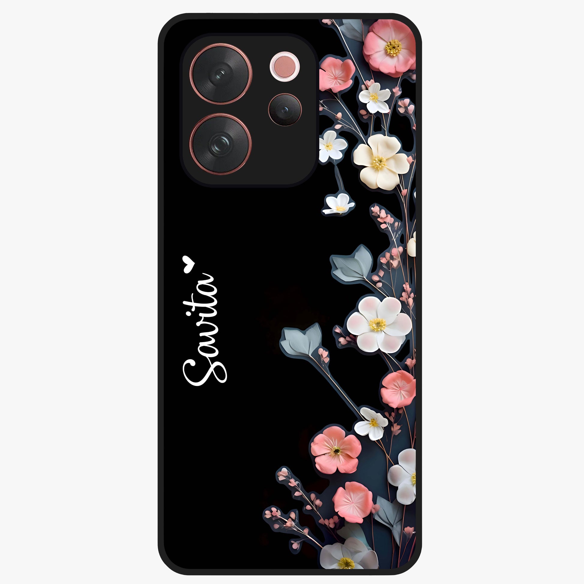 Black Elegance Floral Custom Name Glass Case showing flat back view with elegant floral artwork and personalized name design.
