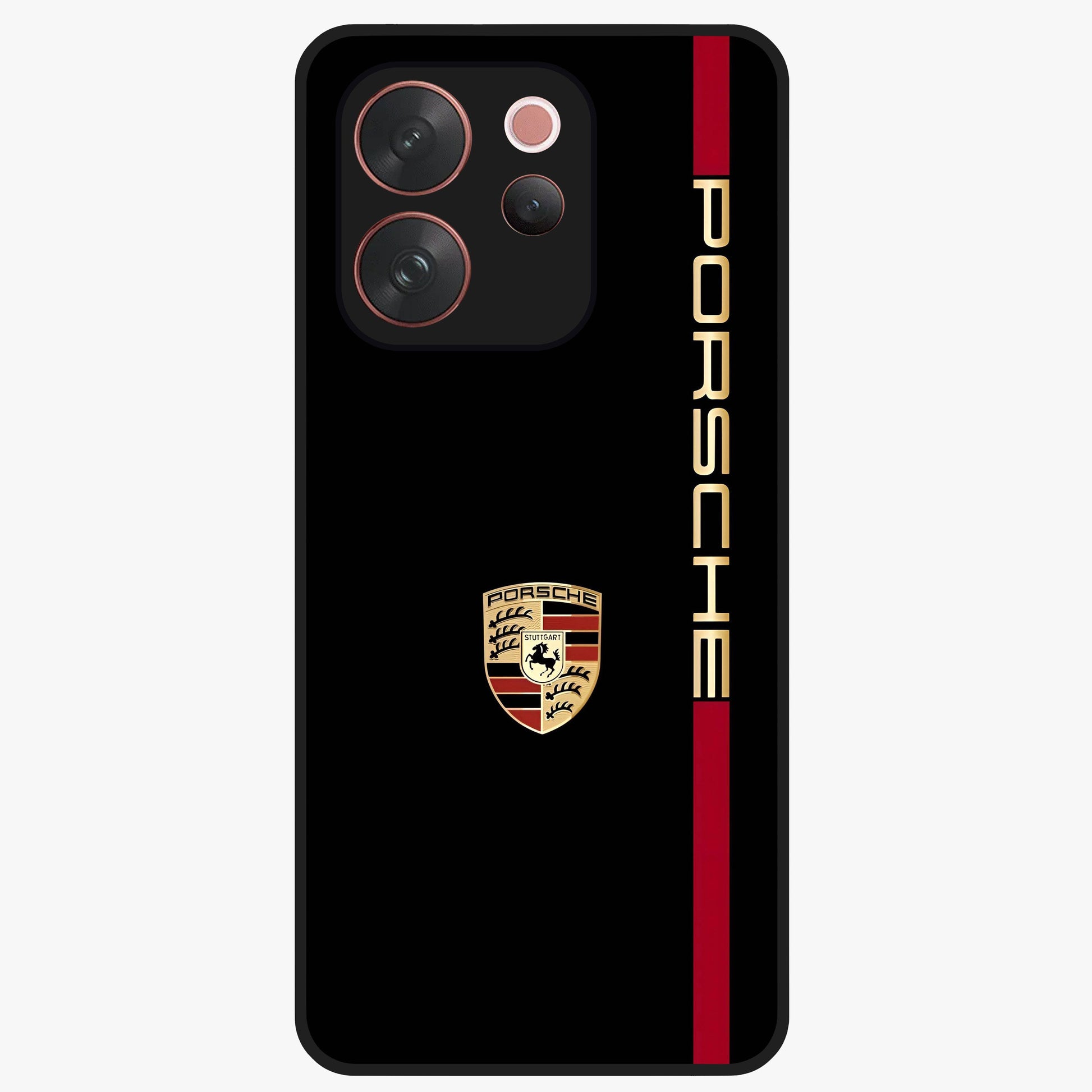 Black Minimal Porsche Glass Case showing flat back view with sleek minimal sports car artwork and glossy glass finish.