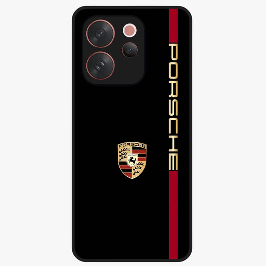 Black Minimal Porsche Glass Case showing flat back view with sleek minimal sports car artwork and glossy glass finish.