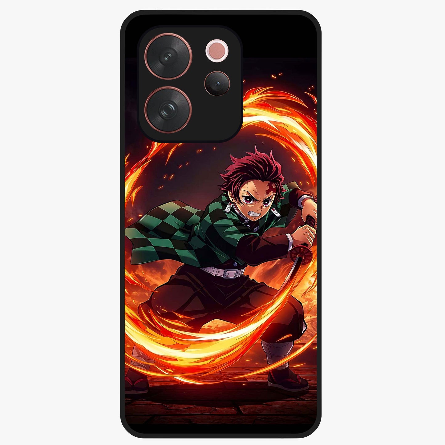 Blazing Sword Resolve Glass Case showing flat back view with fiery sword artwork and glossy glass finish.