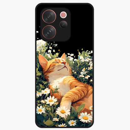Blissful Bloom Cat Glass Case showing flat back view with cute cat and floral bloom artwork and glossy glass finish.