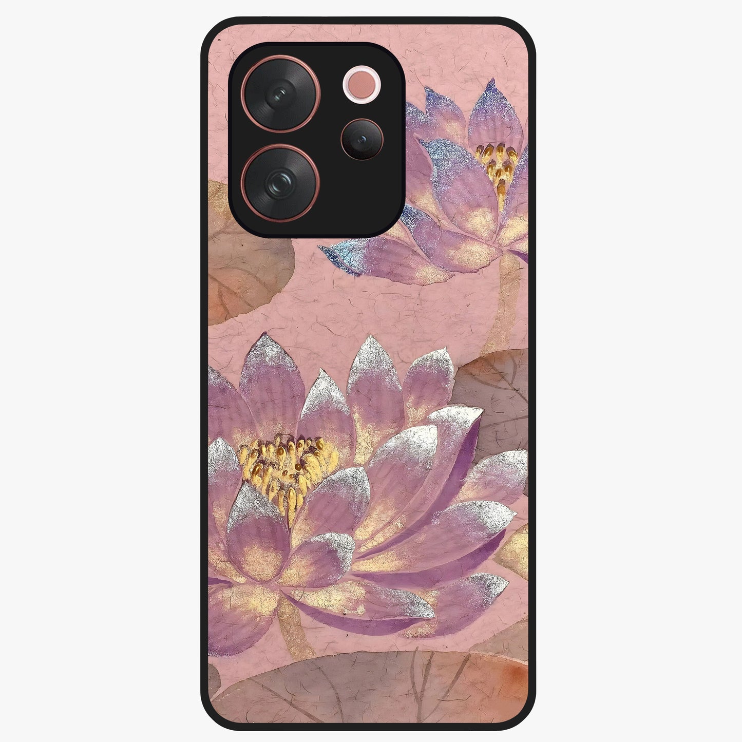 Blossom Mist Lotus Glass Case showing flat back view with serene lotus blossom artwork and glossy glass finish.