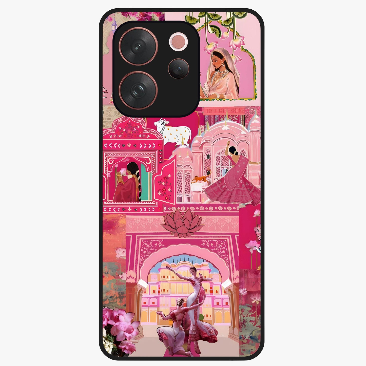 Blossoms of Rajasthan Glass Case showing flat back view with traditional floral artwork inspired by Rajasthan and glossy glass finish.