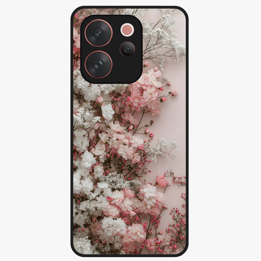 Blush Blossom Cloud Glass Case showing flat back view with dreamy blush cloud blossom artwork and glossy glass finish.