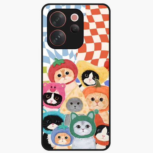 Cats in Fruits Glass Case showing flat back view with playful cat illustrations inside fruit artwork and glossy glass finish.