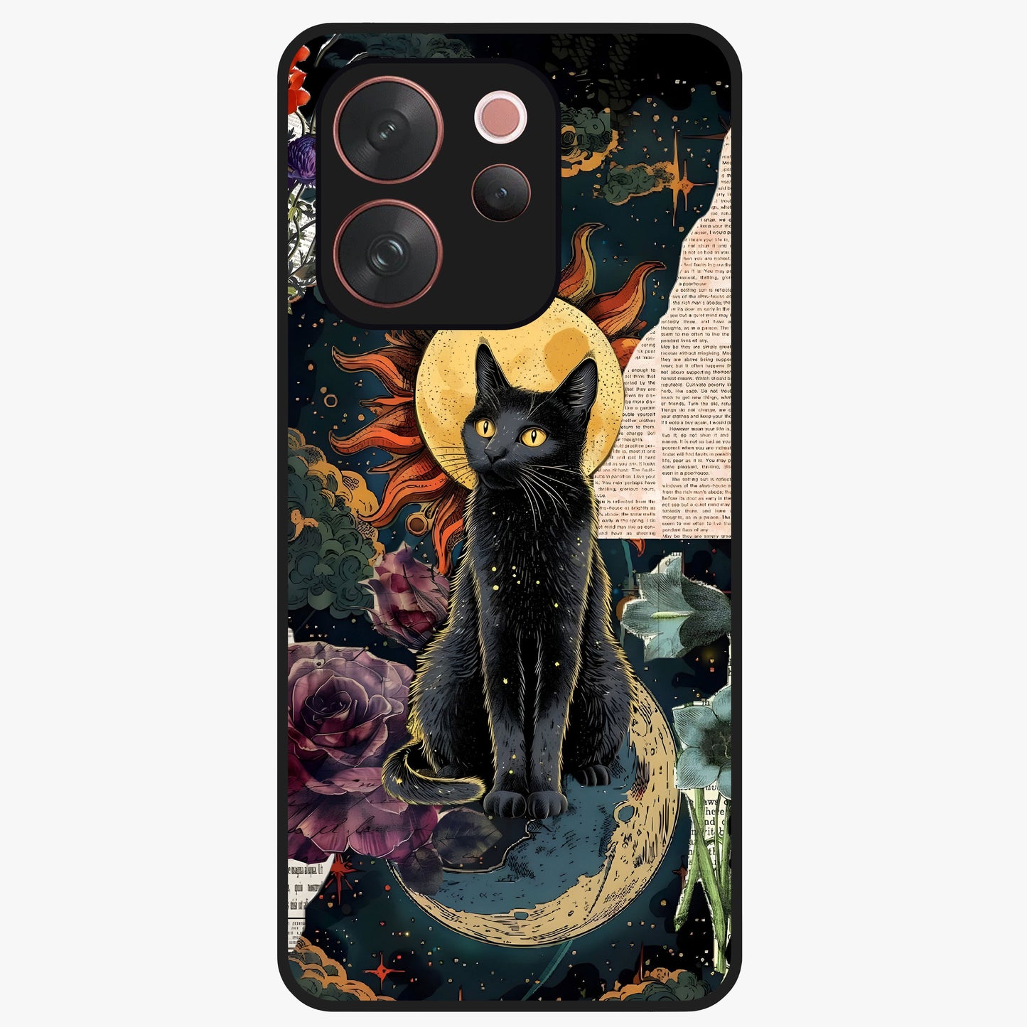 Celestial Black Cat Glass Case showing flat back view with mystical black cat artwork and glossy glass finish.