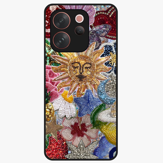 Celestial Floral and Playful Glass Case showing flat back view with floral and celestial themed artwork and glossy glass finish.