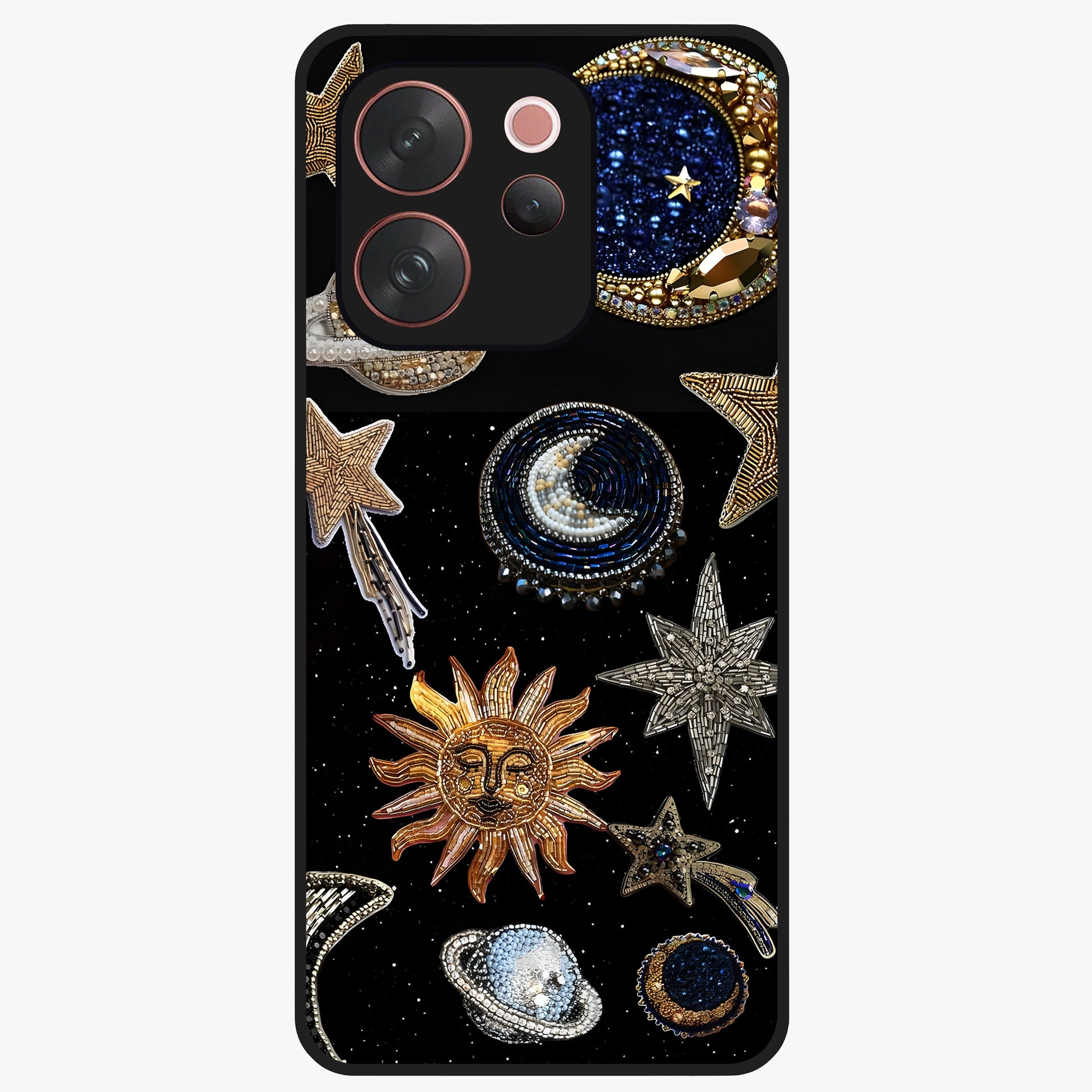 Celestial Gem Constellations Glass Case showing flat back view with sparkling constellation artwork and glossy glass finish.