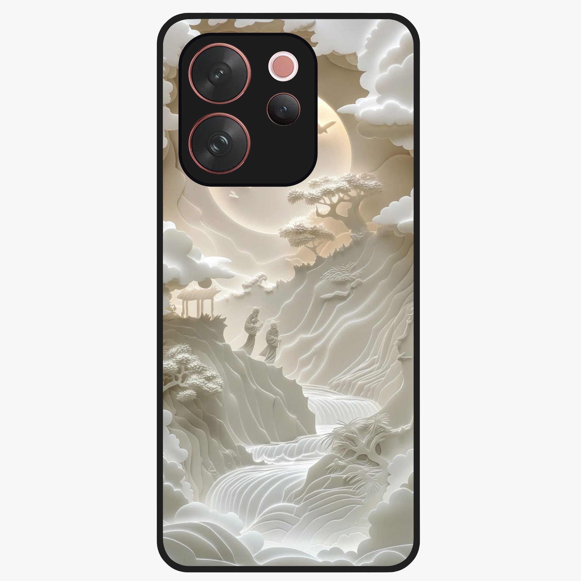 Celestial Origami Glass Case showing flat back view with artistic origami inspired celestial artwork and glossy glass finish.
