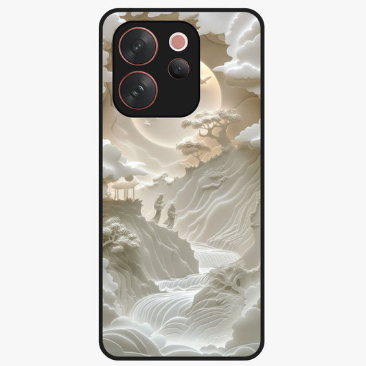 Celestial Origami Glass Case showing flat back view with artistic origami inspired celestial artwork and glossy glass finish.