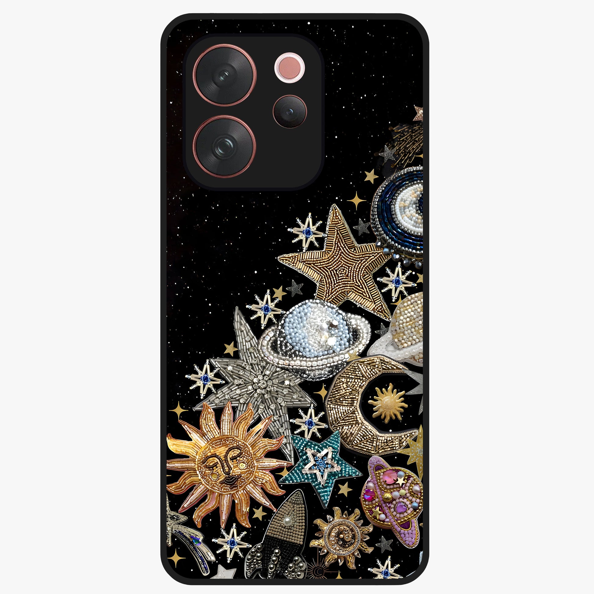 Cosmic Sparkle Dreams Glass Case showing flat back view with sparkling cosmic artwork and glossy glass finish.