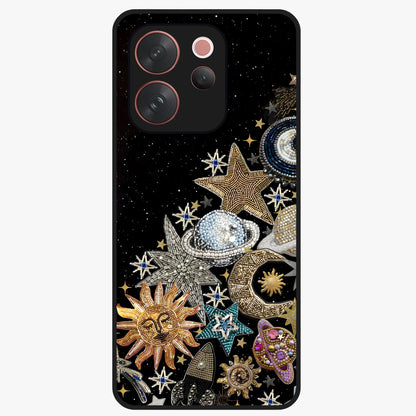 Cosmic Sparkle Dreams Glass Case showing flat back view with sparkling cosmic artwork and glossy glass finish.
