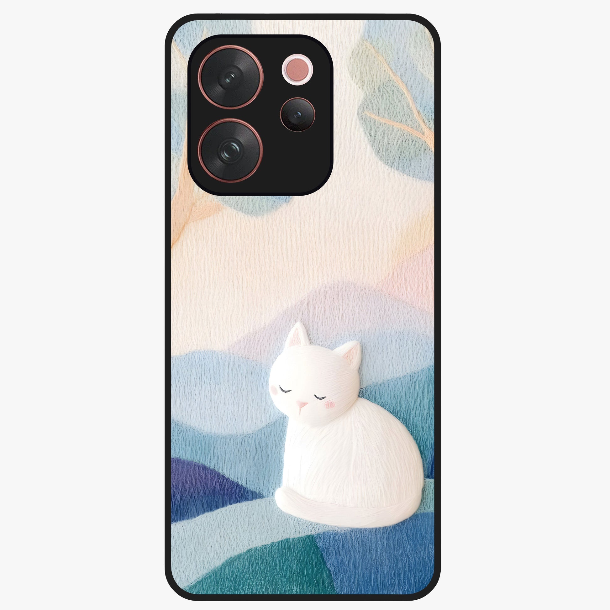 Cotton Dream Cat Glass Case showing flat back view with soft dreamy cat artwork and glossy glass finish.