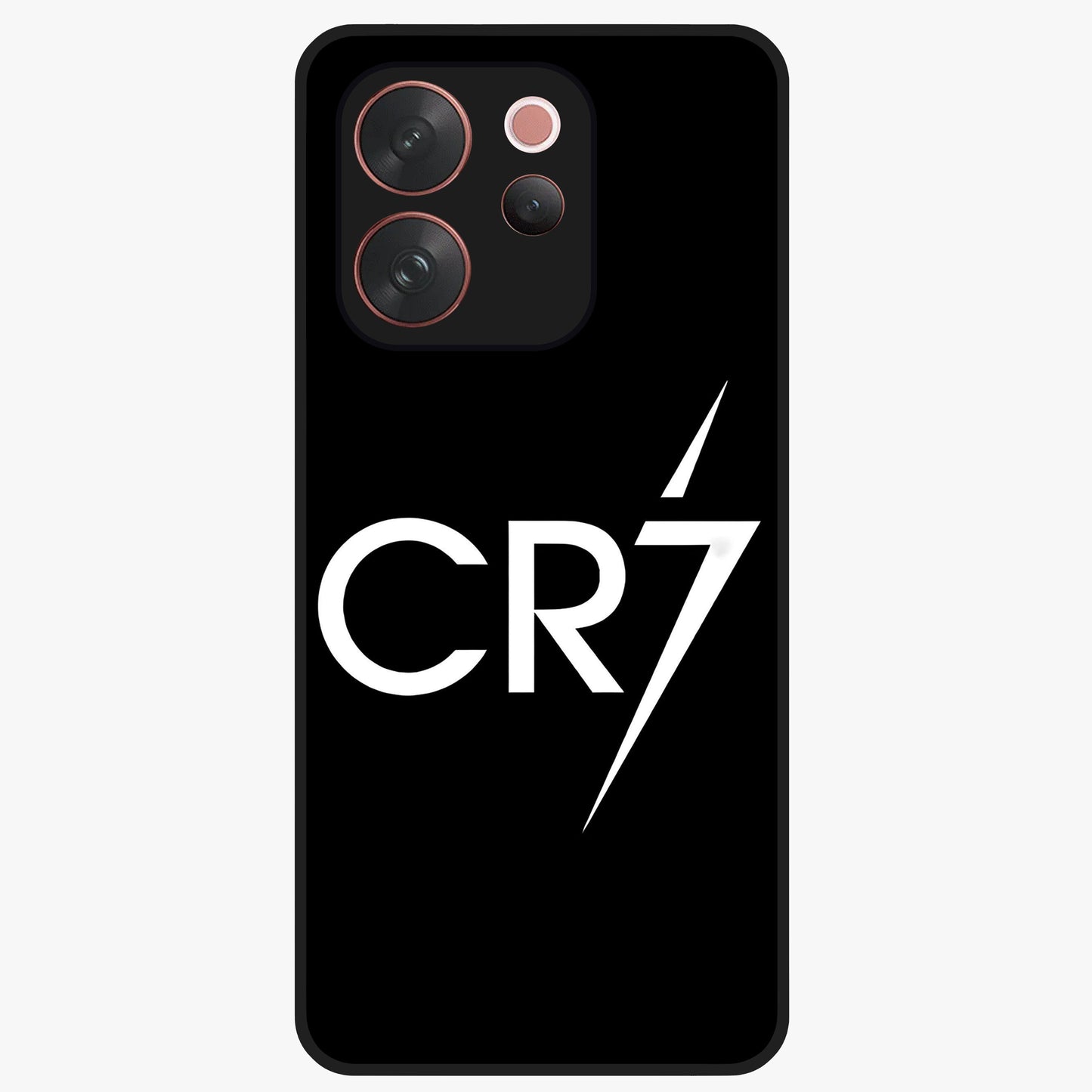 Cr7 Elite Strike Glass Case showing flat back view with dynamic football inspired artwork and glossy glass finish.