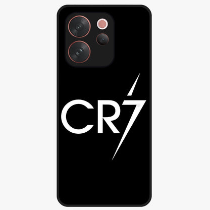 Cr7 Elite Strike Glass Case showing flat back view with dynamic football inspired artwork and glossy glass finish.