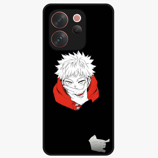 Crimson Chaos Smile Glass Case showing flat back view with bold chaotic smile artwork and glossy glass finish.