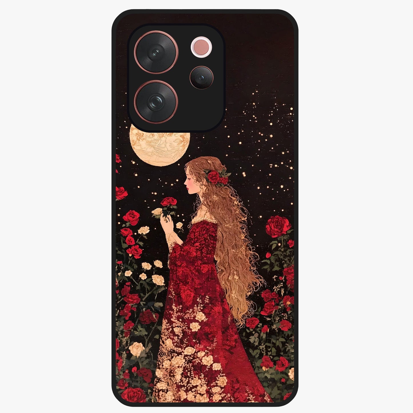 Crimson Dreams Glass Case showing flat back view with dreamy crimson artwork and glossy glass finish.