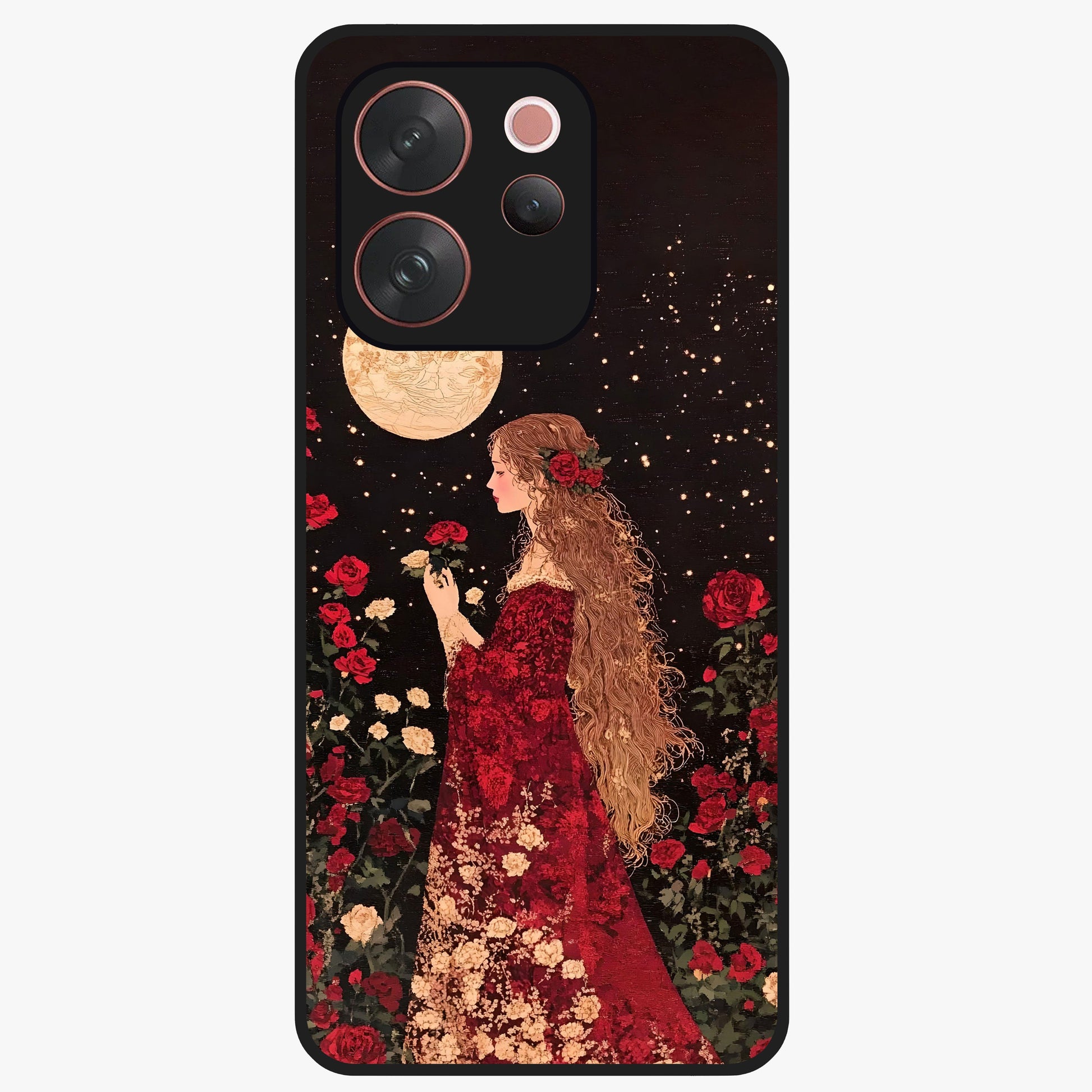 Crimson Dreams Glass Case showing flat back view with dreamy crimson artwork and glossy glass finish.