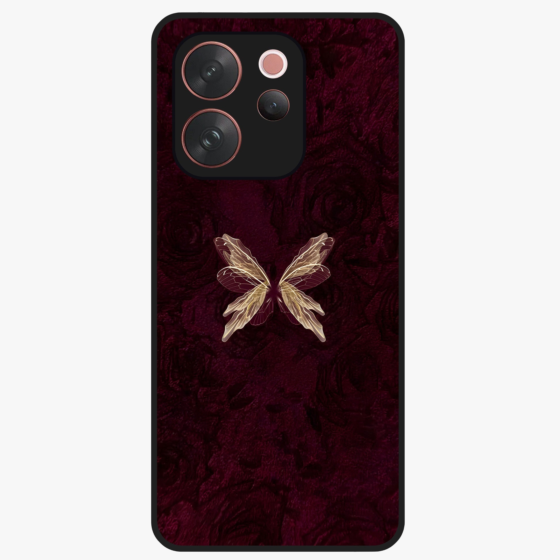Crimson Fade Butterfly Glass Case showing flat back view with fading butterfly artwork and glossy glass finish.