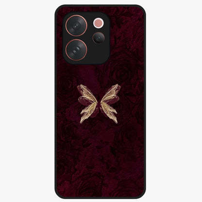 Crimson Fade Butterfly Glass Case showing flat back view with fading butterfly artwork and glossy glass finish.