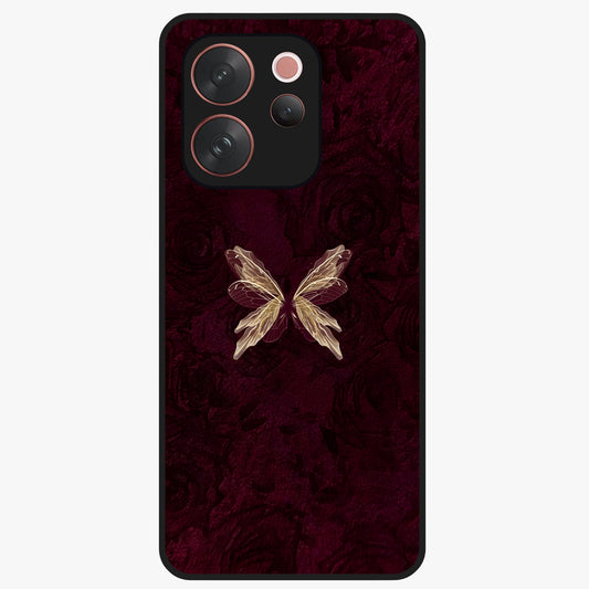 Crimson Fade Butterfly Glass Case showing flat back view with fading butterfly artwork and glossy glass finish.