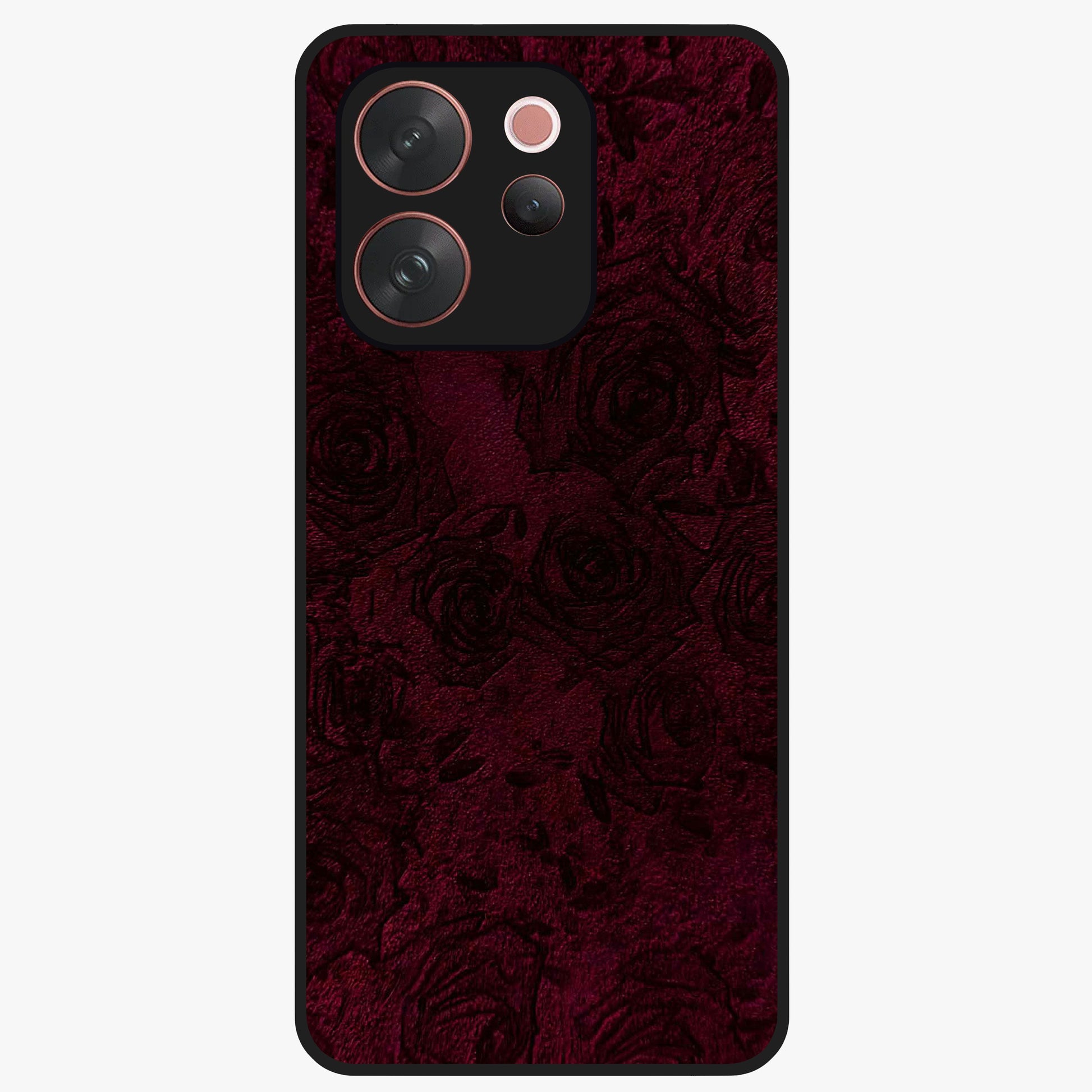 Crimson Fade Flow Glass Case showing flat back view with flowing crimson gradient artwork and glossy glass finish.