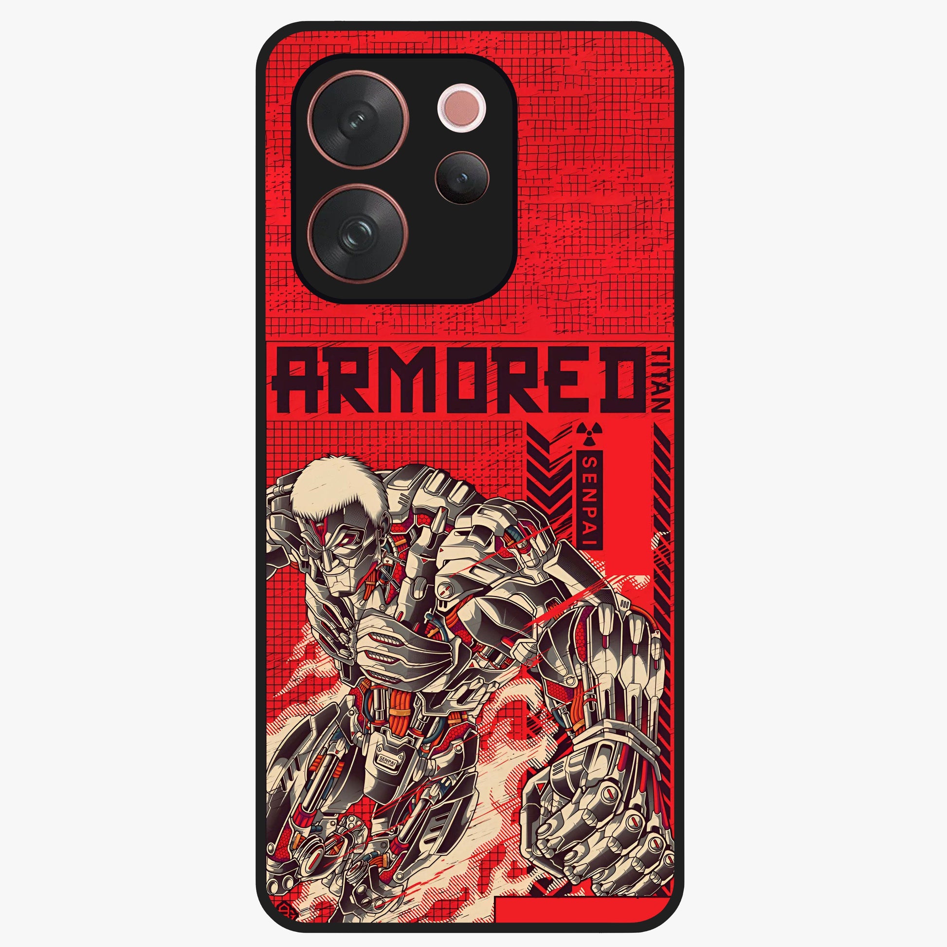 Crimson Mecha Titan Glass Case showing flat back view with powerful mech titan artwork and glossy glass finish.