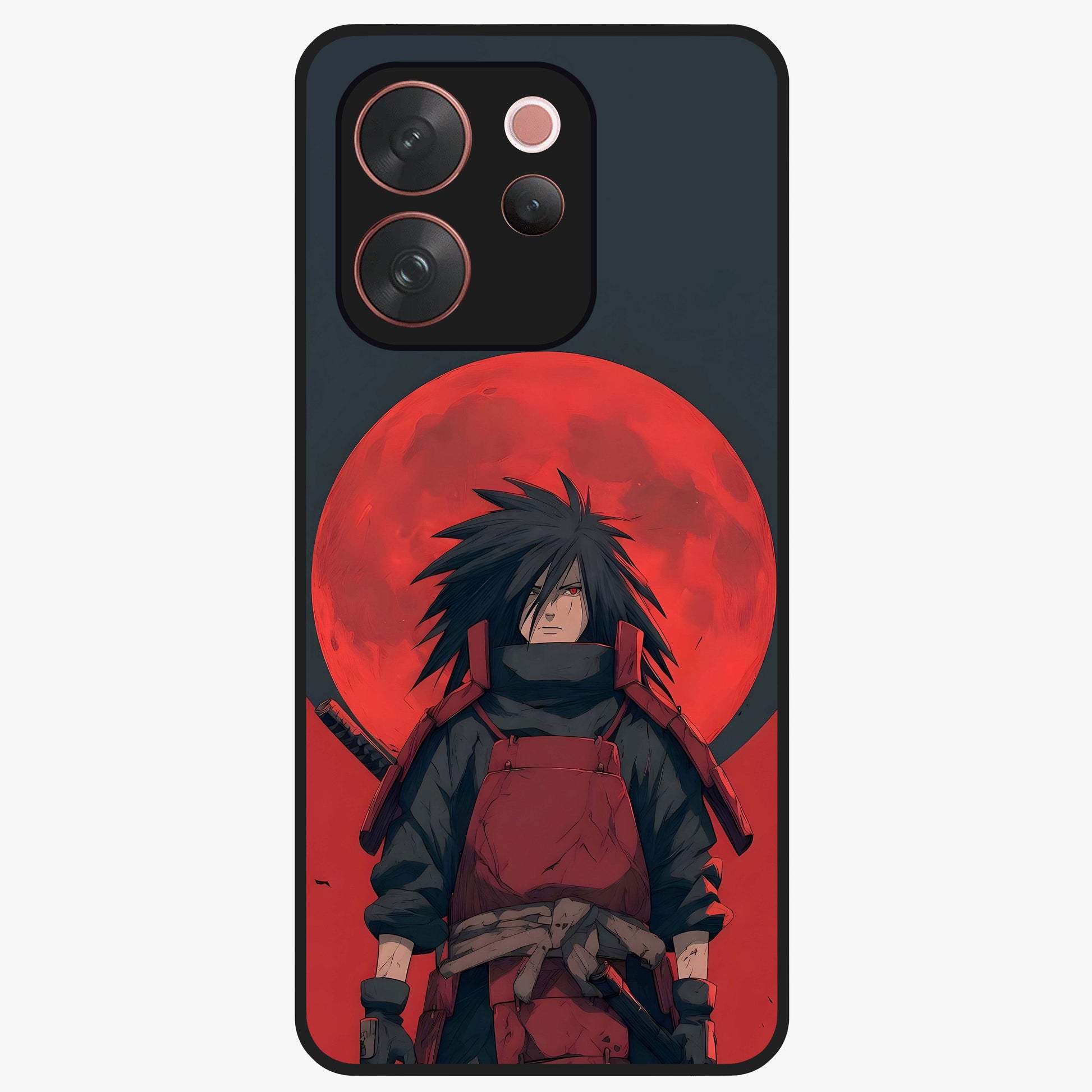 Crimson Moon Warlord Glass Case showing flat back view with mystical moon warrior artwork and glossy glass finish.