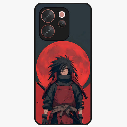 Crimson Moon Warlord Glass Case showing flat back view with mystical moon warrior artwork and glossy glass finish.