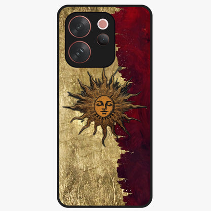 Crimson Sun Majesty Glass Case showing flat back view with radiant sun inspired artwork and glossy glass finish.