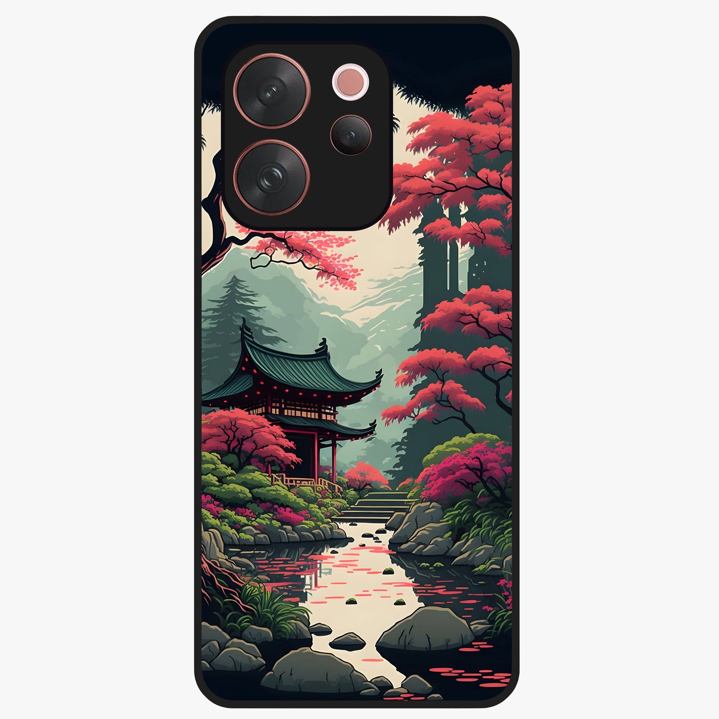 Crimson Temple View Glass Case showing flat back view with temple inspired artwork and glossy glass finish.