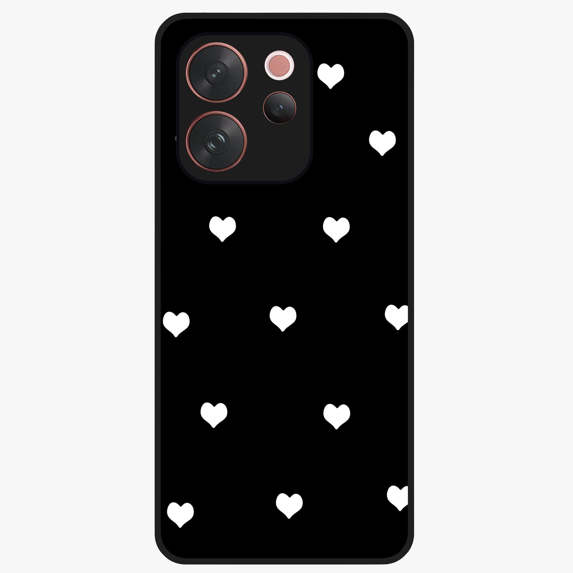 Cute And Simple White Hearts Glass Case showing flat back view with minimal white heart pattern and glossy glass finish.