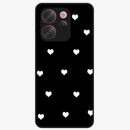 Cute And Simple White Hearts Glass Case showing flat back view with minimal white heart pattern and glossy glass finish.