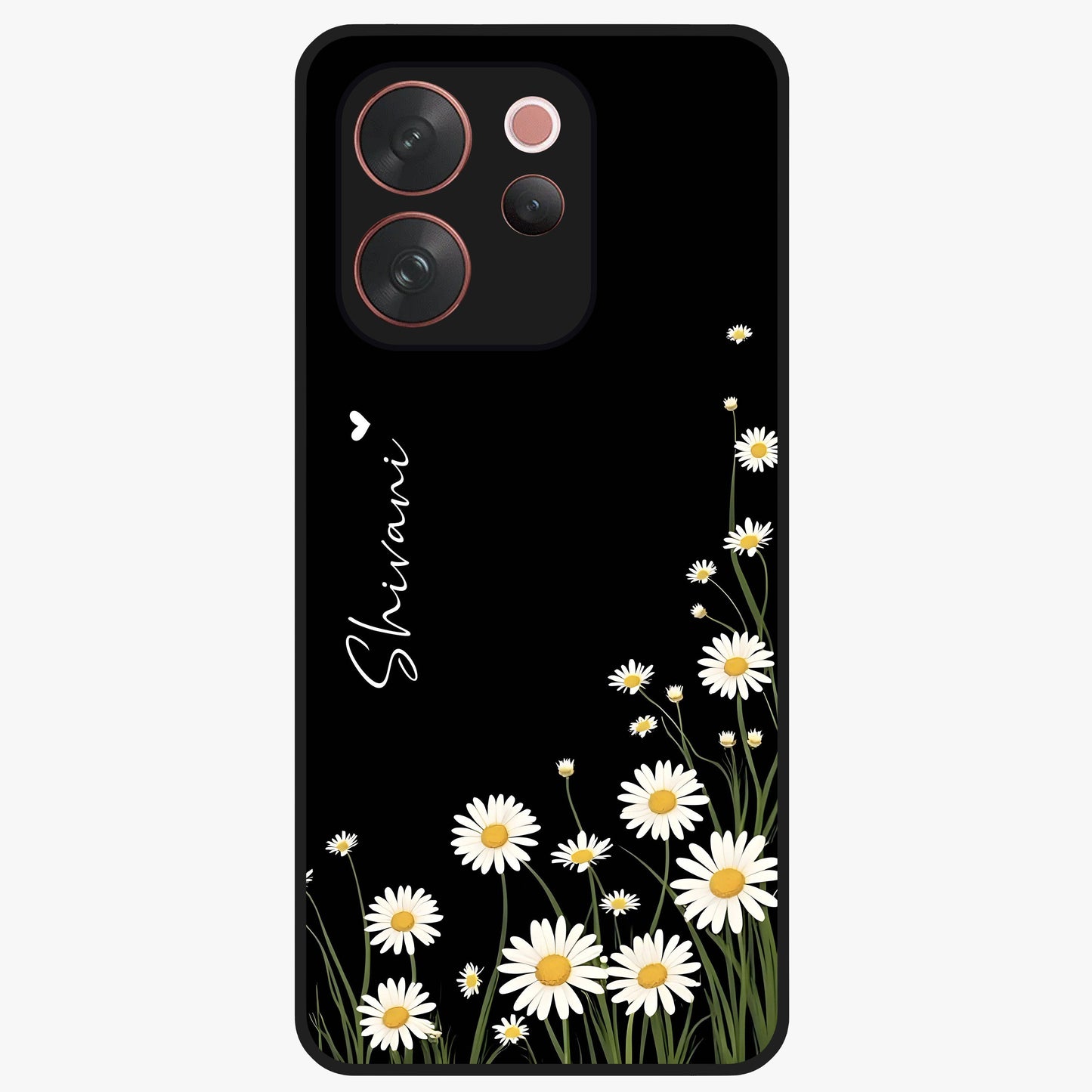 Daisy Cascade Custom Name Glass Case showing flat back view with cascading daisy flowers and personalized name design.