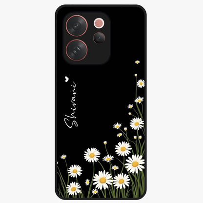 Daisy Cascade Custom Name Glass Case showing flat back view with cascading daisy flowers and personalized name design.