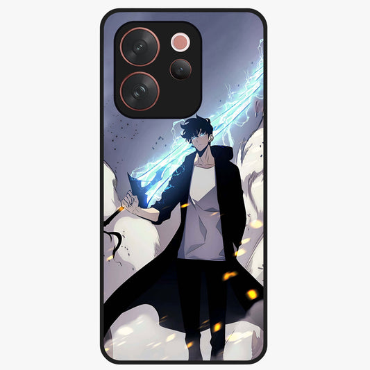 Dark Lightning Anime Warrior Glass Case showing flat back view with intense anime warrior artwork and glossy glass finish.