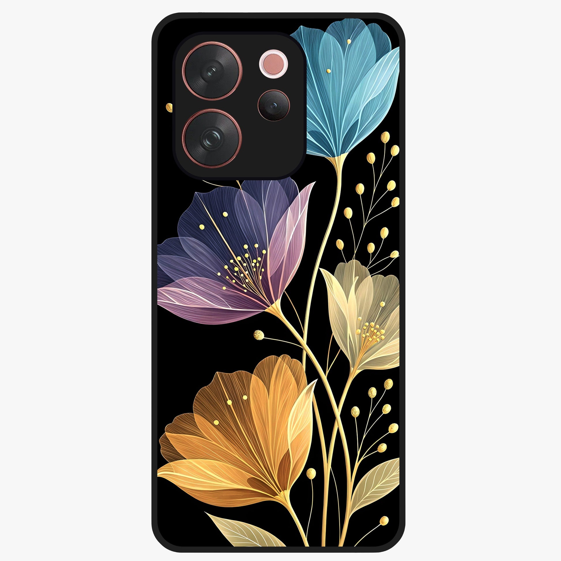 Delicate Multicolor Flowers Glass Case showing flat back view with vibrant floral artwork and glossy glass finish.