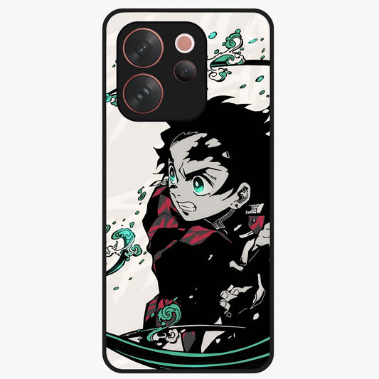 Demon Slayer Glass Case showing flat back view with bold anime inspired artwork and glossy glass finish.